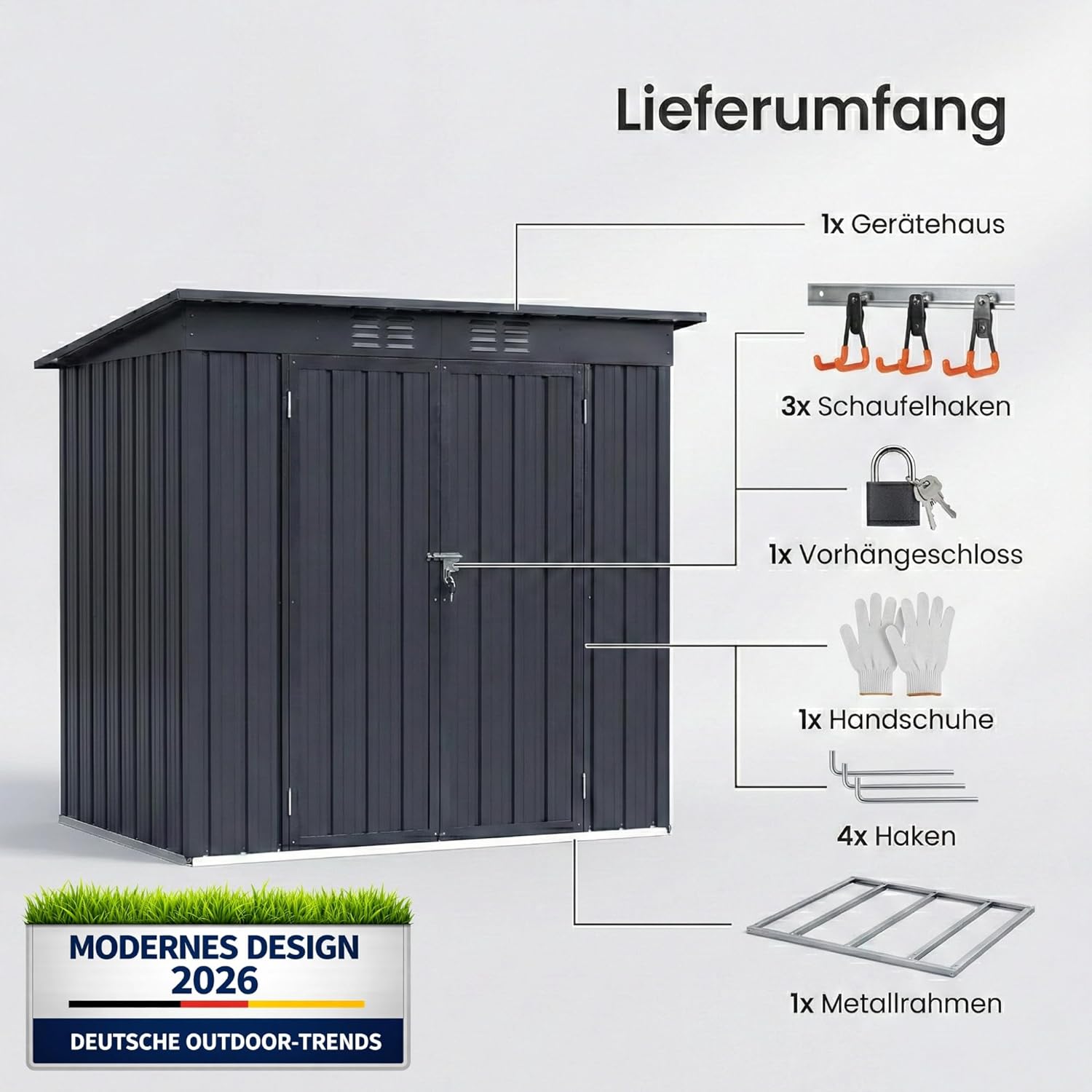 Albatros Profi Gerätehaus L – verzinktes Metall in Anthrazit (RAL 7016) | 190x122x173cm, 3,9m³ | Inkl. Schloss & Werkzeughaken | wetterfester Geräteschuppen, Gartenschrank, Gartenhaus