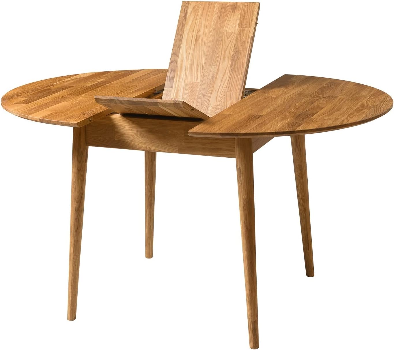 Esstisch Scandi 5 (rund, ausziehbar) • Tisch für Küche, Esszimmer & Wohnzimmer • Massivholz (Eiche) • Eiche Natur • Runder Ausziehtisch (110-145 x 110 x 75 cm)