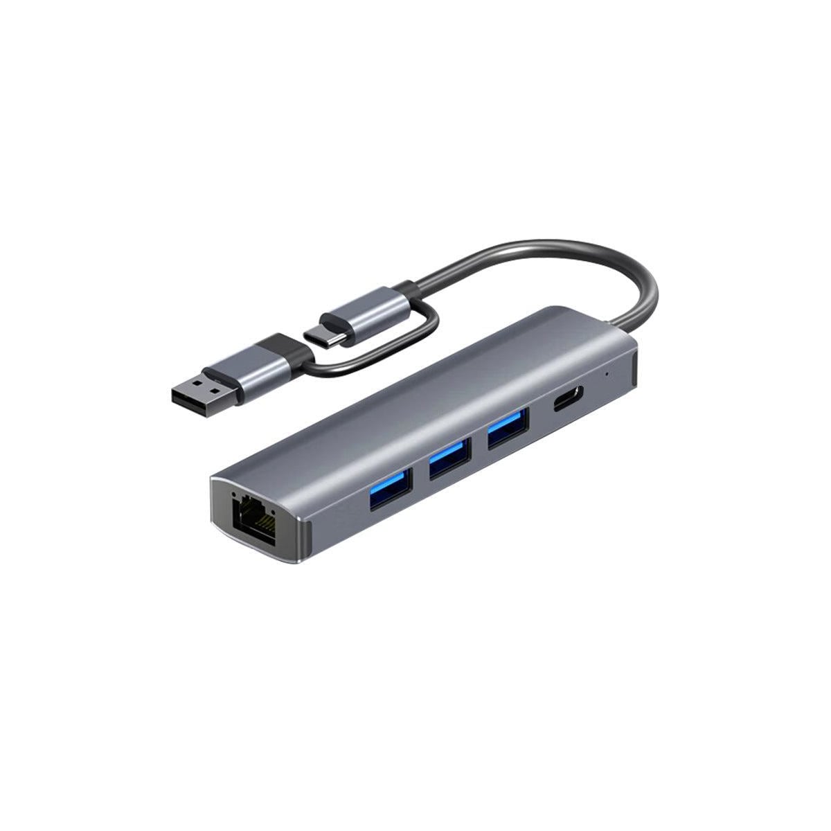 NÖRDIC USB Hub USB-C eller A til 3xUSB-A 3.0 1xUSB-C 5Gbps 1xRJ45 Giga LAN