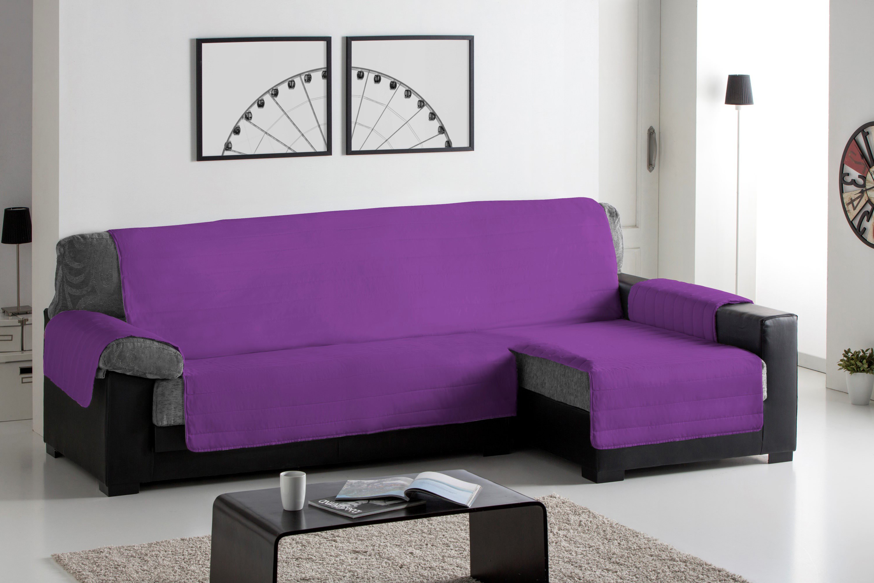 Capa acolchoada para sofá com chaise longue à direita, fúcsia