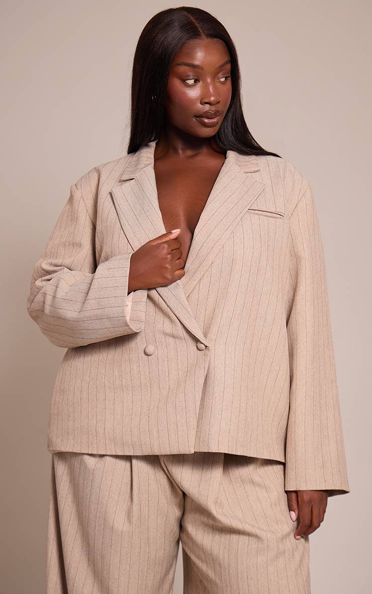 Taupe Blazer Boxy À Fines Rayures Grande Taille Coordonné