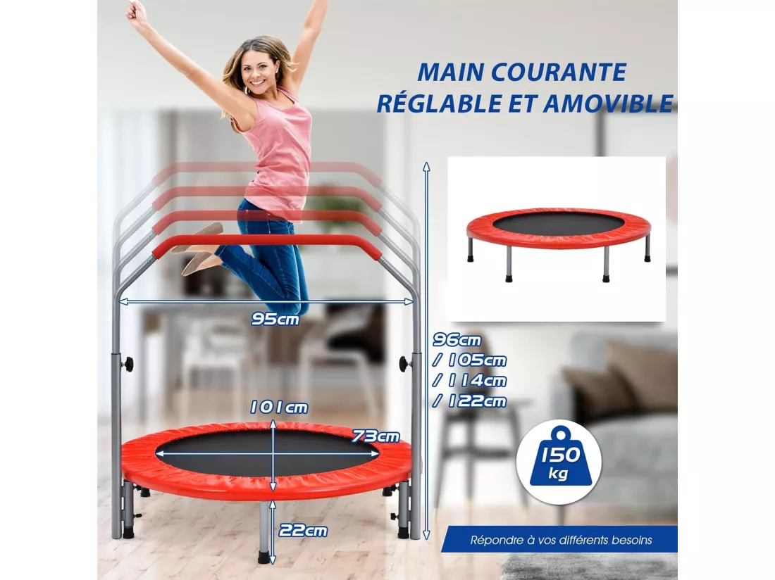 Trampoline de Fitness Pliable Ø101cm avec Poignée Réglable en Hauteur(96-112cm), Trampoline d'Intérieur avec Cadre en Acier & Housse de Protection, Charge 150kg pour Enfant Adulte