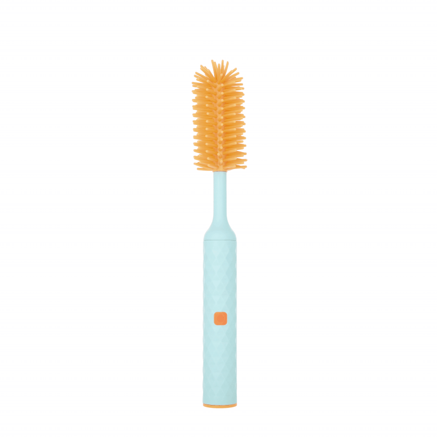 (6-tlg. Set) Elektrische Silikon Baby Flaschenbürste USB Fläschchen Reiniger IP65 inkl. Aufsätze   Greifzange  - Blau / Orange