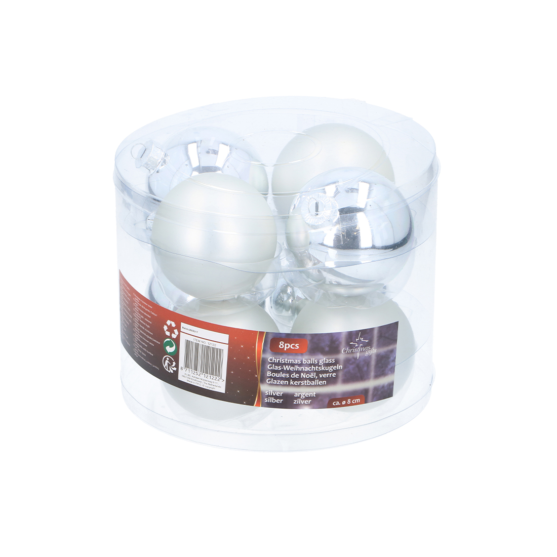 FS-STAR Weihnachtskugel aus Glas Ø 8cm, 8 Stück, silber