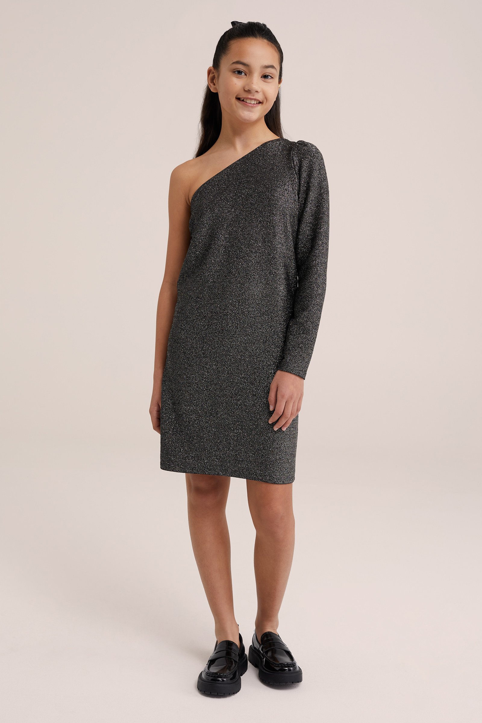 Meisjes one-schoulder jurk met glittergaren WE Fashion Zilver