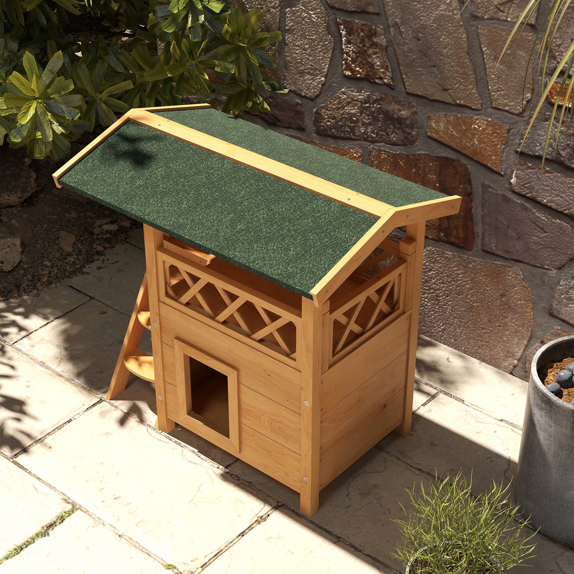 PawHut Katzenhaus mit Treppe und Dach natur 77L x 50B x 73H cm