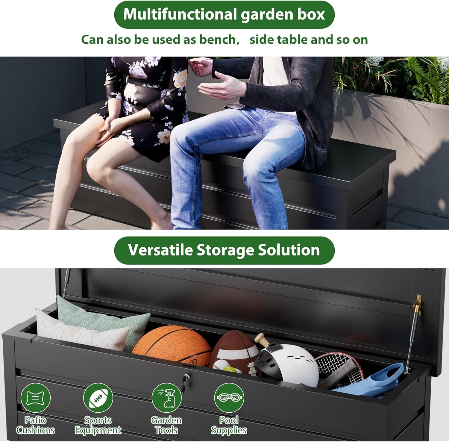 Gartenbox aus Metall in Schwarz 550L | Outdoor Kissenbox für den Garten mit Rostfeste Beschichtung | Outdoor Aufbewahrungsbox/Auflagenbox wasserdicht für Kissen - 180x52x60cm