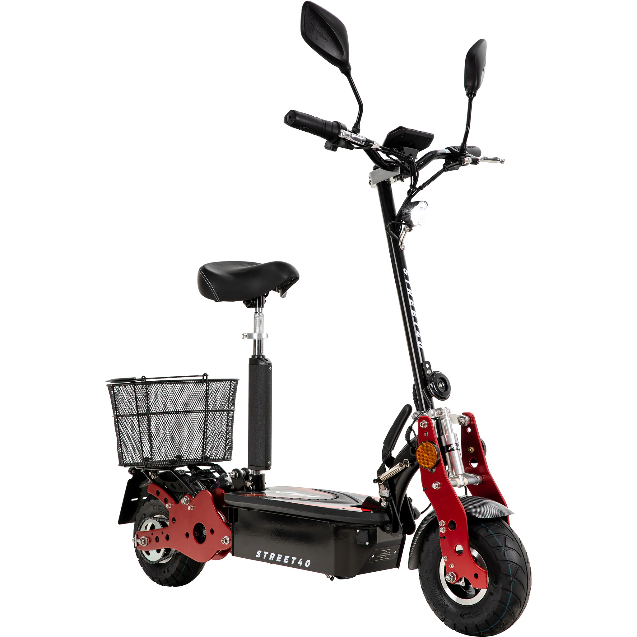 eFlux Street 40, E-Scooter mit Straßenzulassung, 35 km/h, 800 Watt, mit Sitz, Gepäck-Korb, klappbar (Schwarz)
