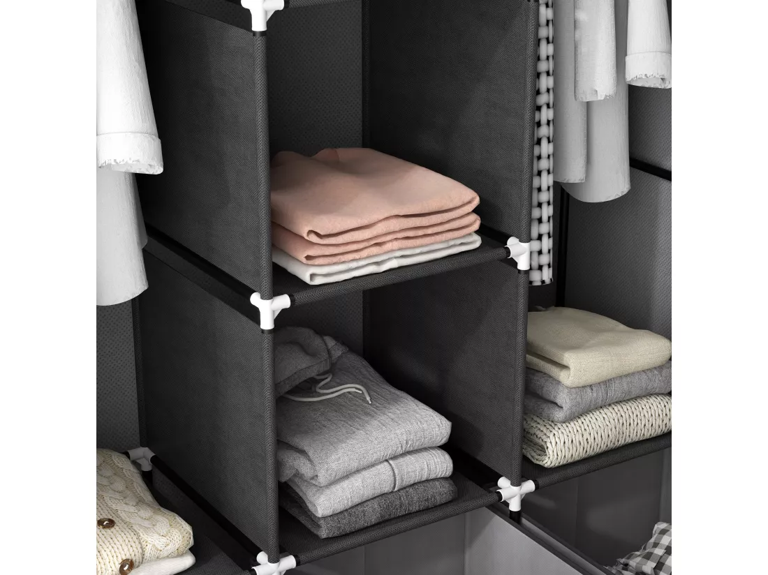 Armoire penderie pliable 5 étagères 2 tringles 3 tiroirs tissu gris