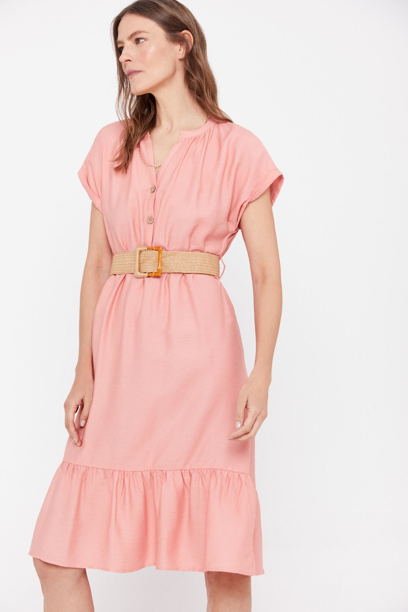 Vestido confortável com cinto - Coral