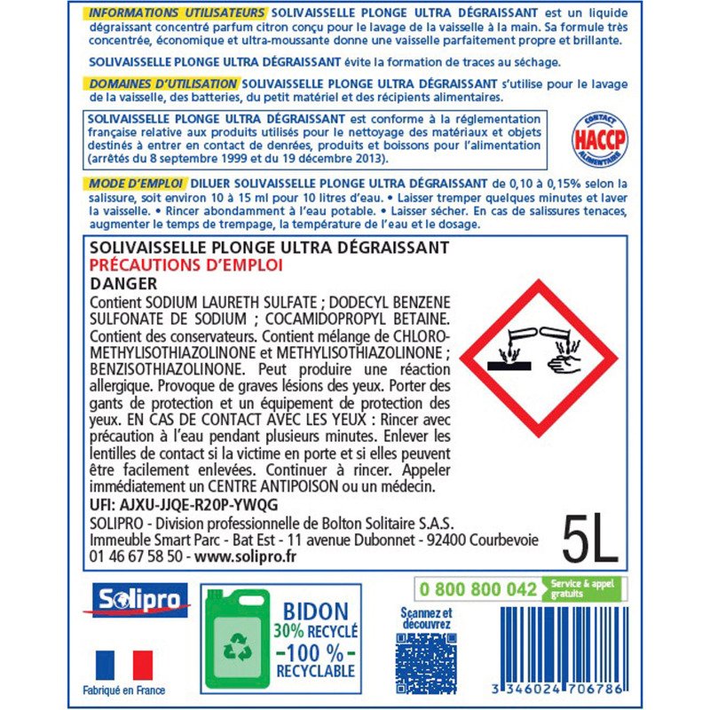 Liquide vaisselle mains Solipro Solivaisselle Plonge citron - bidon de 5 L