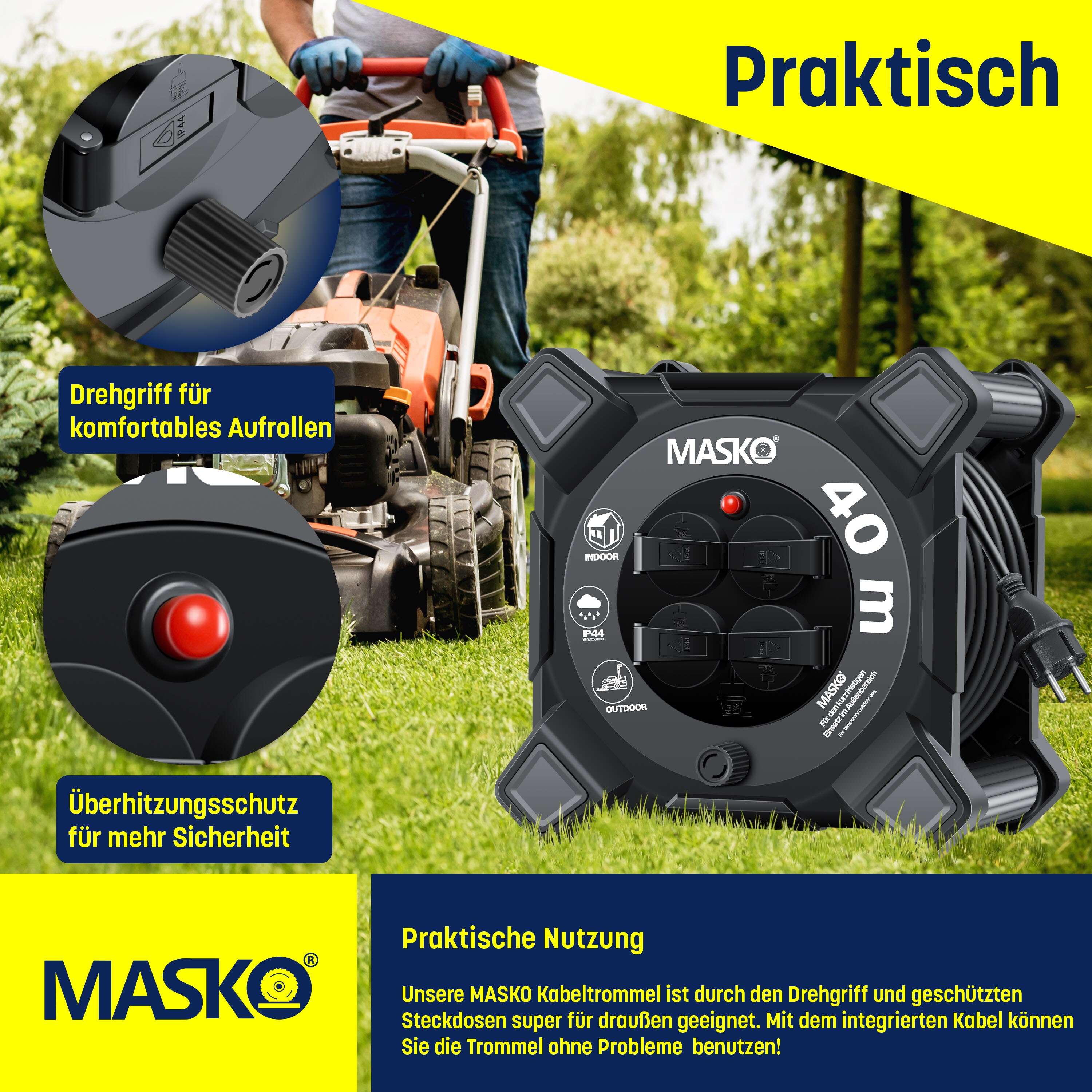 MASKO® Kabeltrommel Verlängerungskabel mit Schutzkontaktsteckdosen & Wickelgriff | Outdoor Kabelaufroller Thermoschutz | Gerätetrommel IP44 1000W ~ 3000W | inkl. Tragegriff und Montagehandschuhe