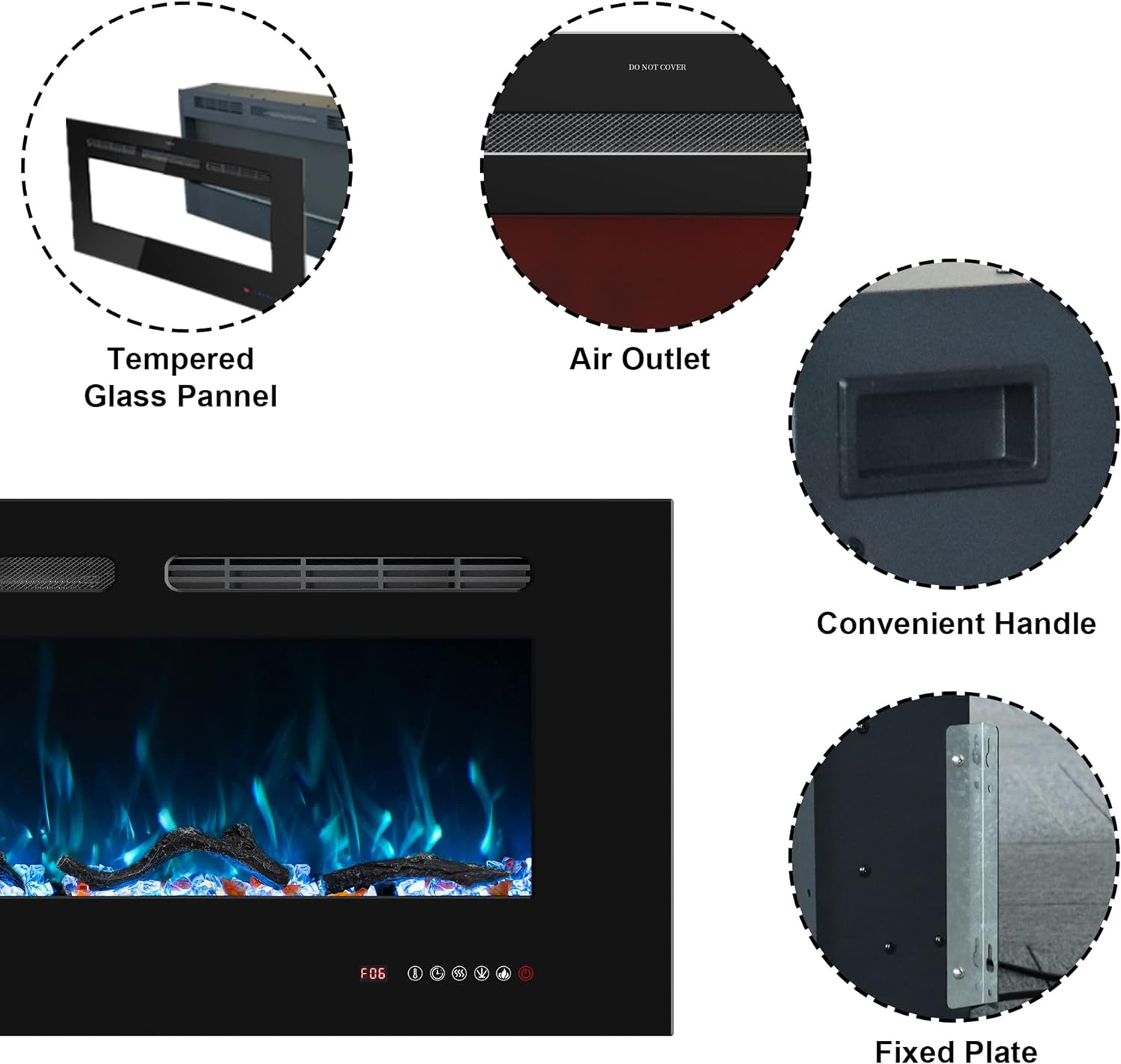 Elektrokamin Wandmontage, 13 Farbmodi LED flammeneffekt, 152 cm Kamin Heizung Glas-Touchscreen und Fernbedienung,1500W(60
