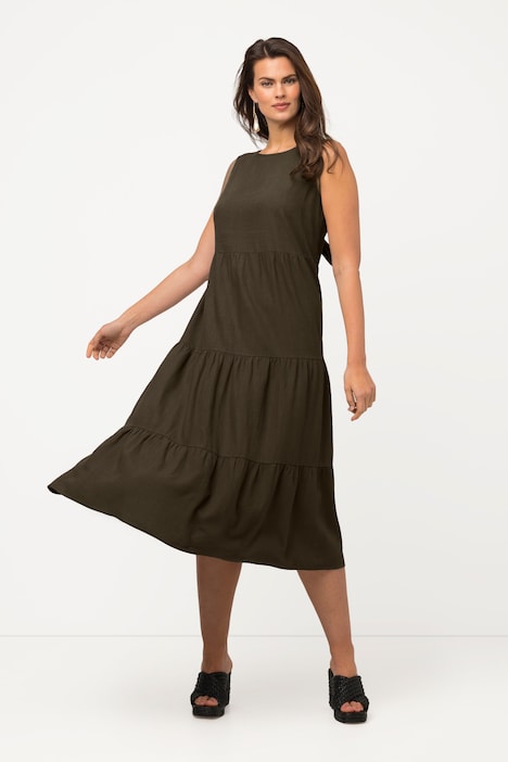 Midikleid, Leinenmix, Volants, Rundhals, ärmellos