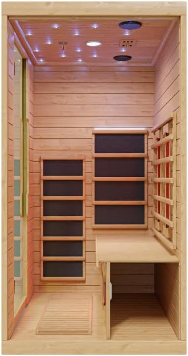 Infrarotkabine 2 Personen | Hemlockholz natur | 125x105x200cm | Ganzglastür Klarglas | Redlight & Mica-Heizung 2,05kW | Fronteinstieg | Wärmekabine für Zuhause | MP3 & Becherhalter