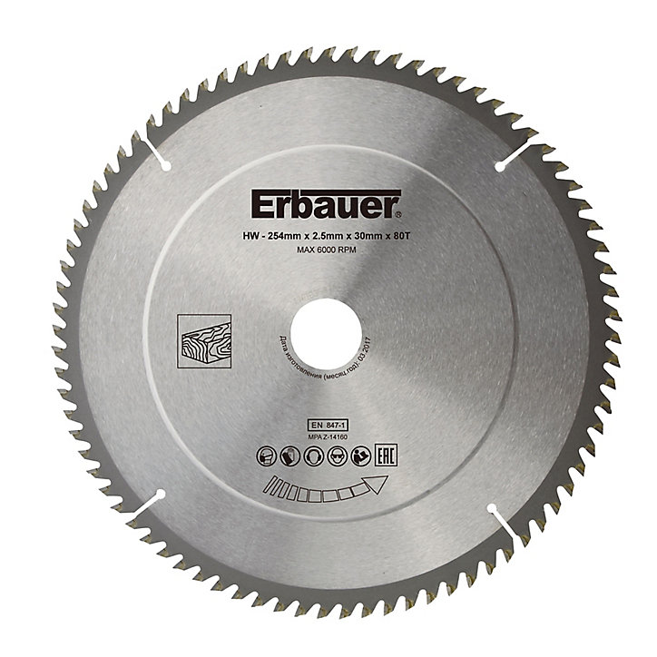 Lame de scie circulaire Bois Erbauer Ø254 x30/25/20/16 coupe fine 80 dents
