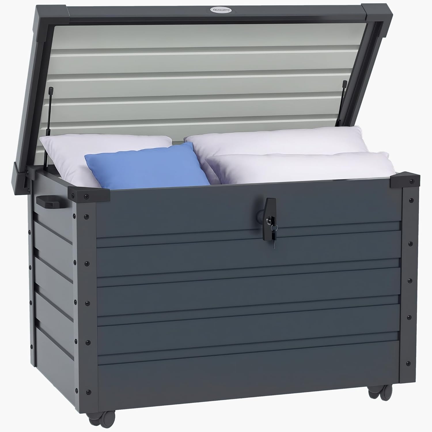 Outsunny Gartenbox Metall 295 Liter Auflagenbox mit Griffen Rollen Schloss Wasserdicht Abschließbar Gartentruhe Outdoor Kissenbox wetterfest Aufbewahrungsbox für Garten Balkon 100 x 62cm Dunkelgrau