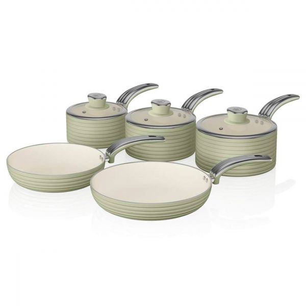 Swan Retro Trem de Cozinha, Indução, Antiaderente Cerâmica 2 Frigideiras   3 Panelas Verde SWPS5020GN