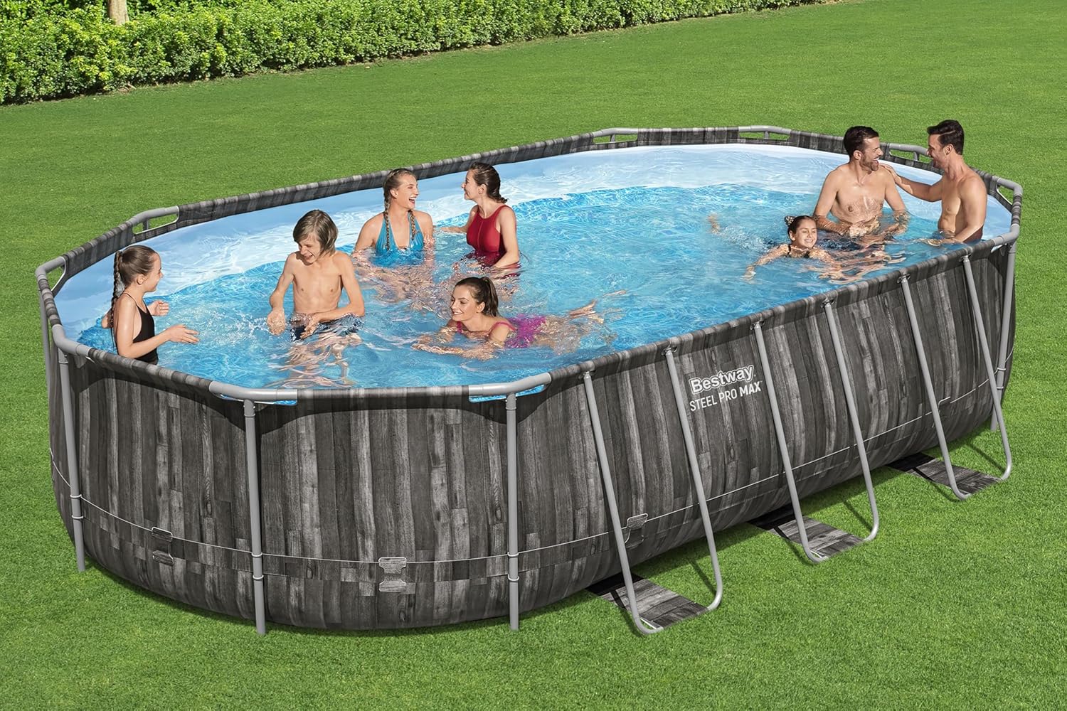 Bestway Steel Pro MAX Frame Pool Komplett-Set, 610 x 366 x 122 cm, Holz-Optik, 20.241 L, 3-lagiges TriTech-Material, ClickConnect System, Filterpumpe, Sicherheitsleiter, Abdeckplane, Reparaturflicken