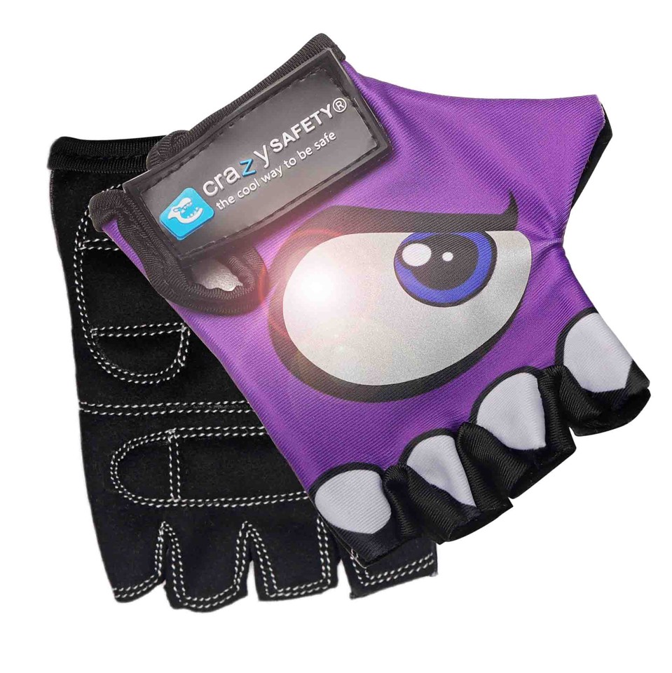 Crazy Safety - Lilla børnecykelhandsker med reflekterende øjne, polstrede håndflader - Purple - Size S