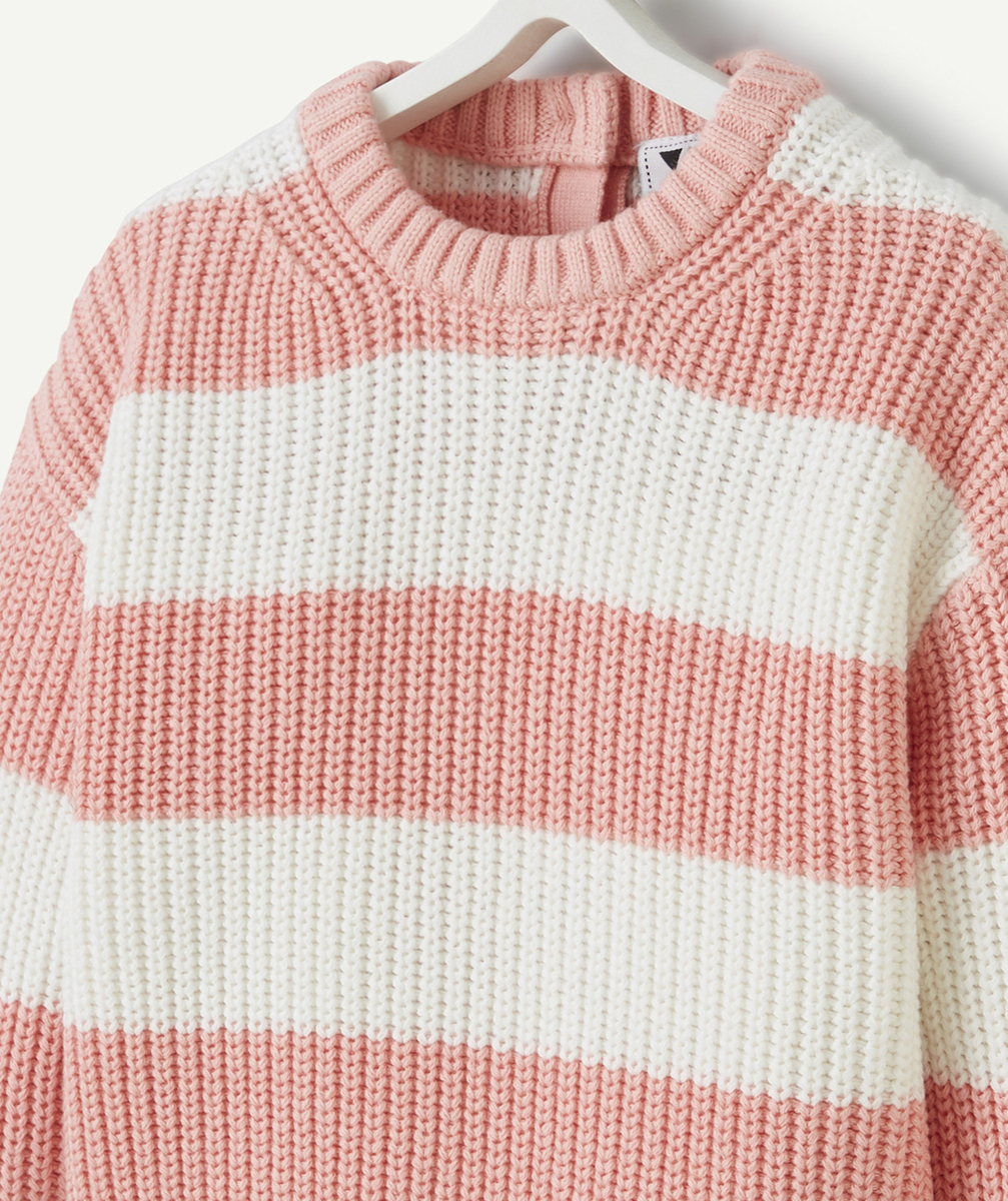 PULL TRICOT BÉBÉ FILLE EN COTON BIO AVEC RAYURES ROSE ET BLANC