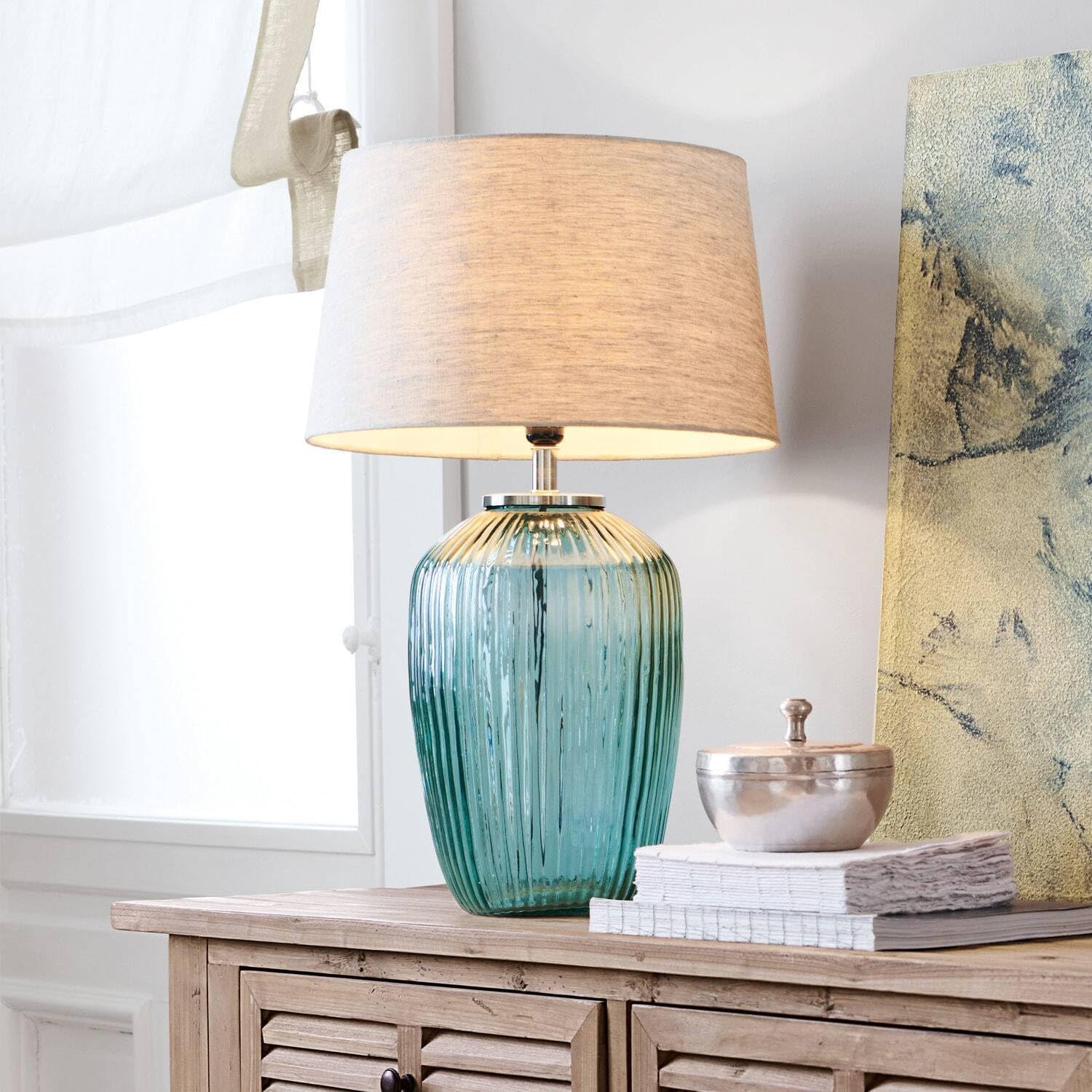 LOBERON Tischlampe Fenis, zeitlose Eleganz, großzügige Lichtabgabe, geriffelte Oberfläche, Wohn-Accessoire, stilvoller Material-Mix, Glas, Baumwolle, creme/grün