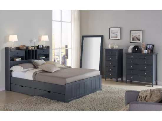 Lit avec rangements 140 x 190 cm - Pin - Gris anthracite + Sommier - MEDERICK