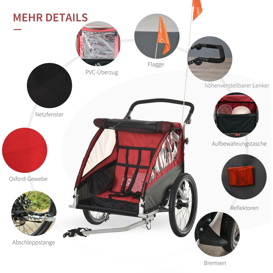 HOMCOM 3in1 Kinderwagen auch als Jogger und Fahrradanhänger rot