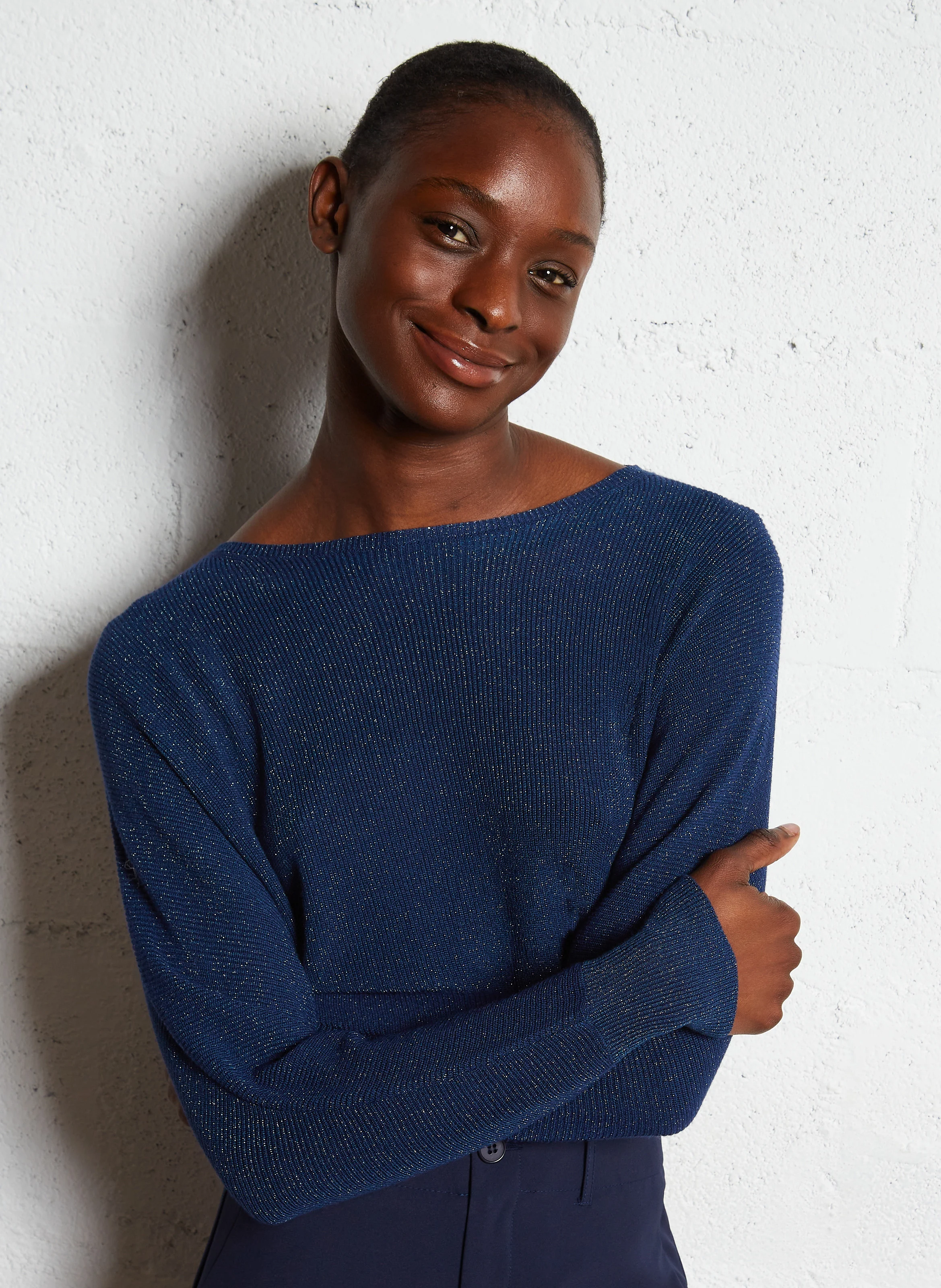 MACARENY - Pull droit col bateau en maille lurex | Bleu