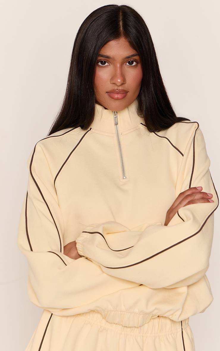 Butter Cream Sweat-shirt Interlock À Fermeture Éclair Quart Avec Détails De Passepoil Buttercream