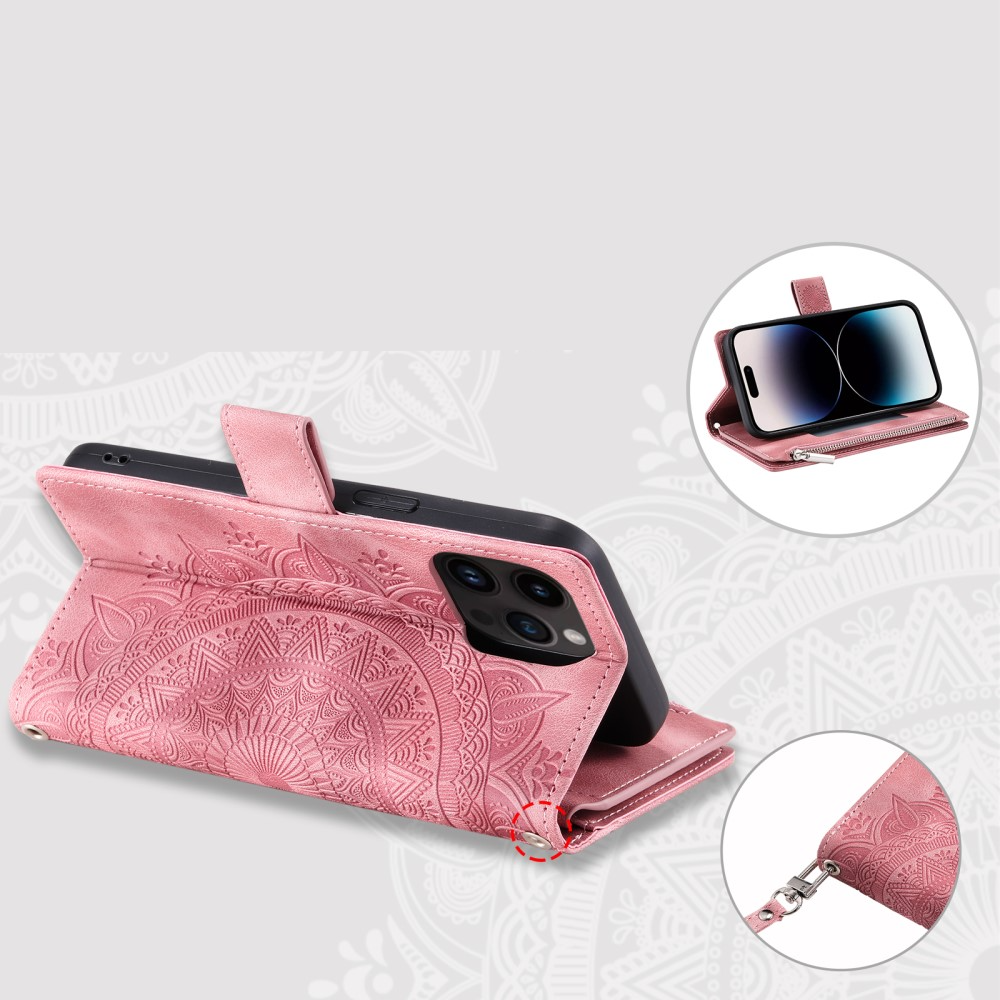 iPhone 16 Pro Max Leder Tasche Flip Cover mit Reissverschluss - Mandala Flowers Imprint - Rosa