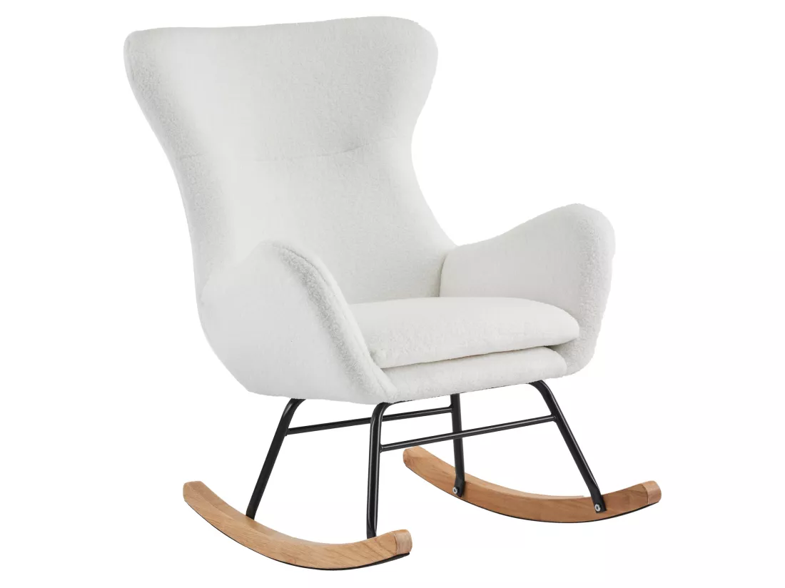 Fauteuil à bascule en tissu bouclette - structure en métal - pieds en bois massif - Blanc
