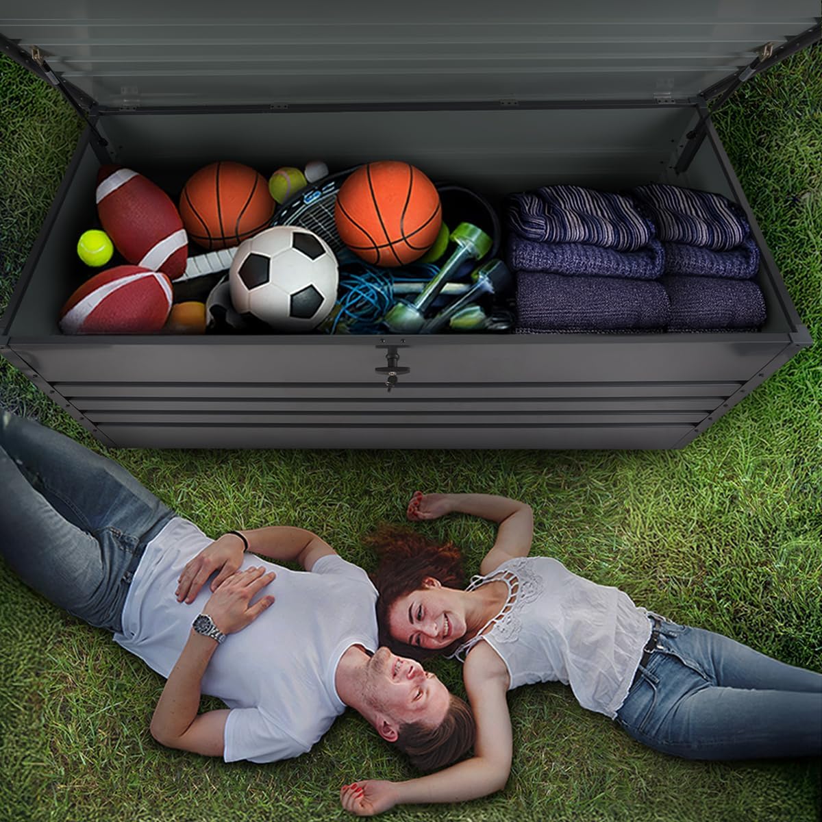 Grindi - Gartenbox Metall - Kissenbox - Auflagenbox - 1000l - 185x82x75 - Orto III - Aufbewahrungsbox mit Deckel - Outdoor - Sitzbank mit Stauraum - Gartenhaus - Geräteschuppen - Truhe mit Deckel
