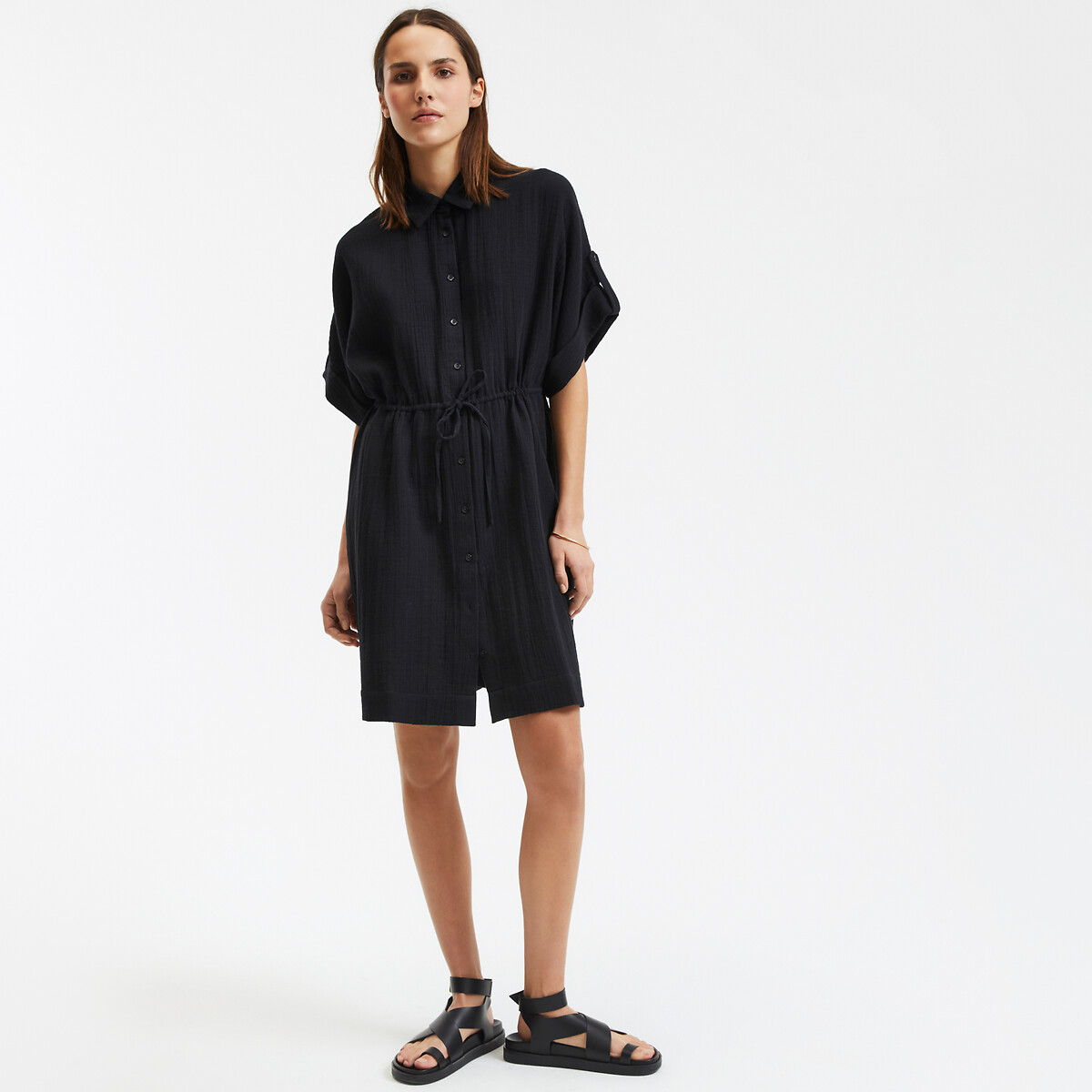 COLEÇÃO LA REDOUTE<br>Vestido camisa curto e evasê com mangas curtas