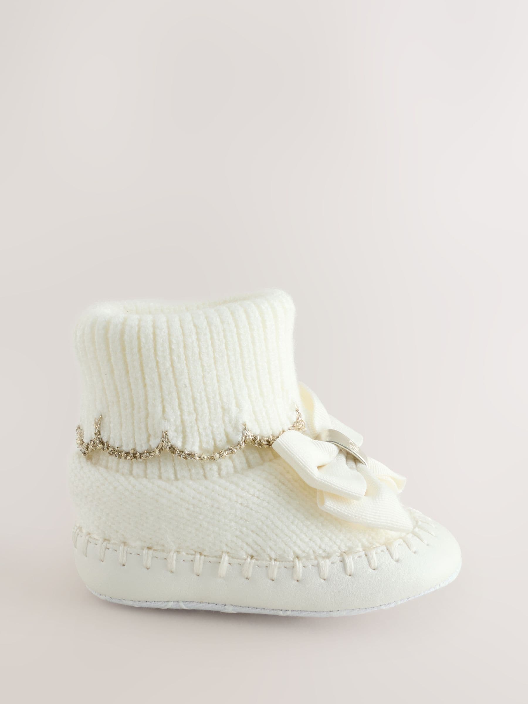 Crème - Baby Girls Scallop Edge Knitted Padders Booties with Bow