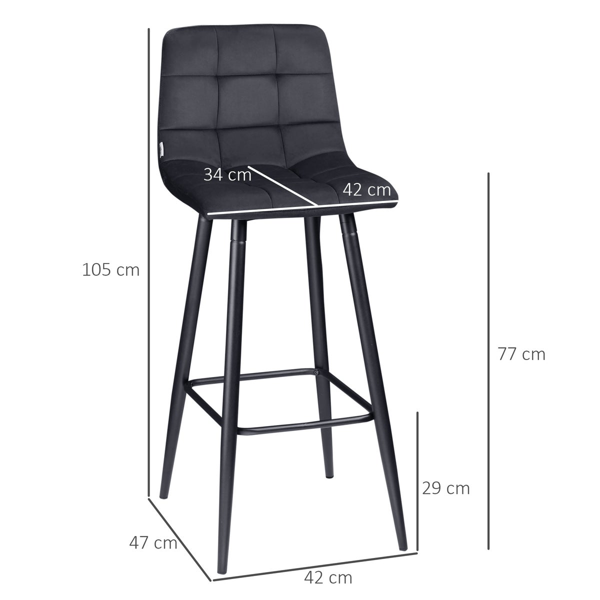 HOMCOM 2-delige barkrukkenset, bistrokrukken met voetenbank, barstoel, fluwelen bekleding, keukenstoel, barkrukset met stalen poten voor woonkamer, eetkamer, zwart, 42 x 47 x 105 cm