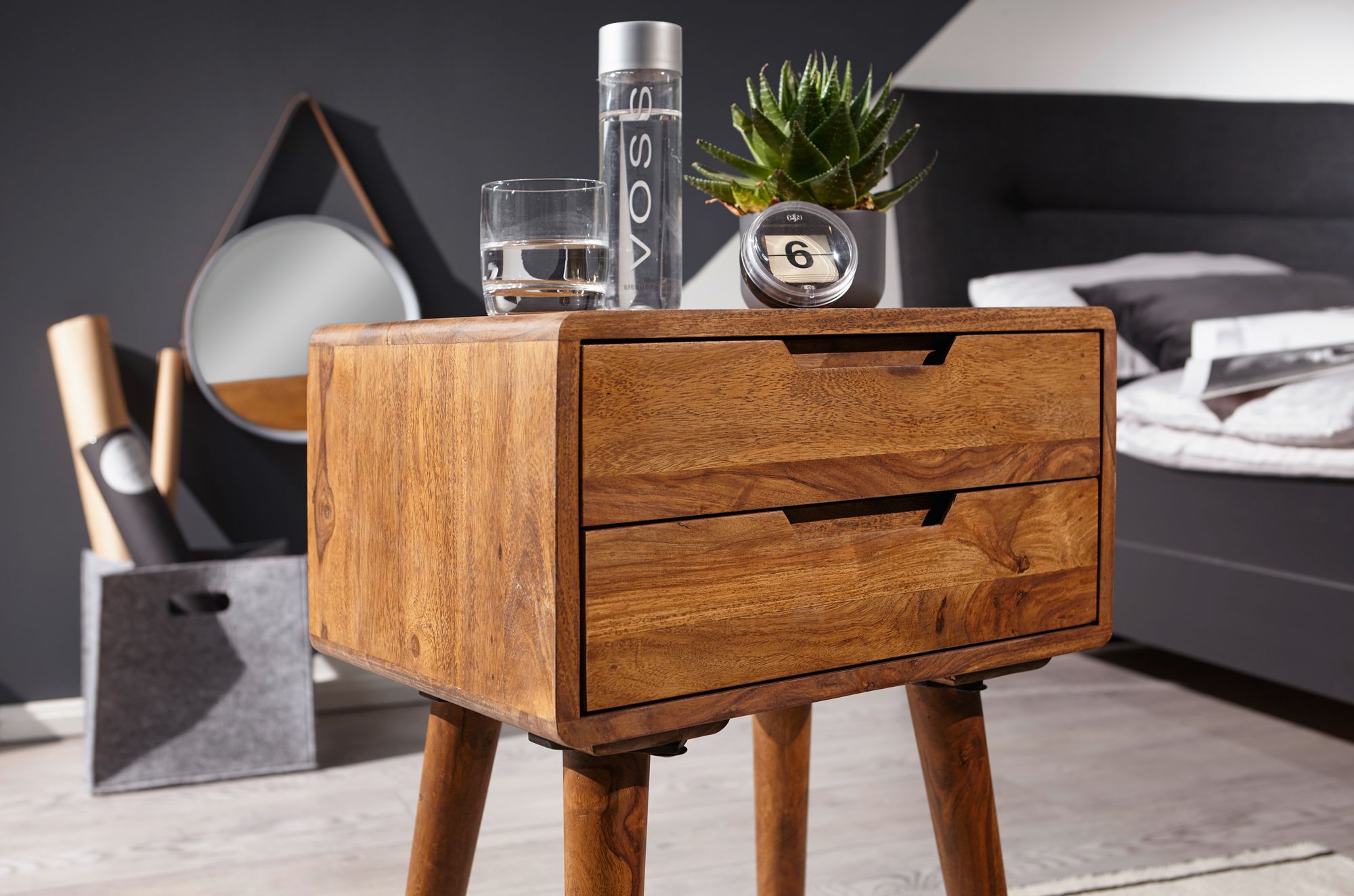 FineBuy Nachtkonsole FB51403 Sheesham Massivholz Nachttisch Nachtschrank braun