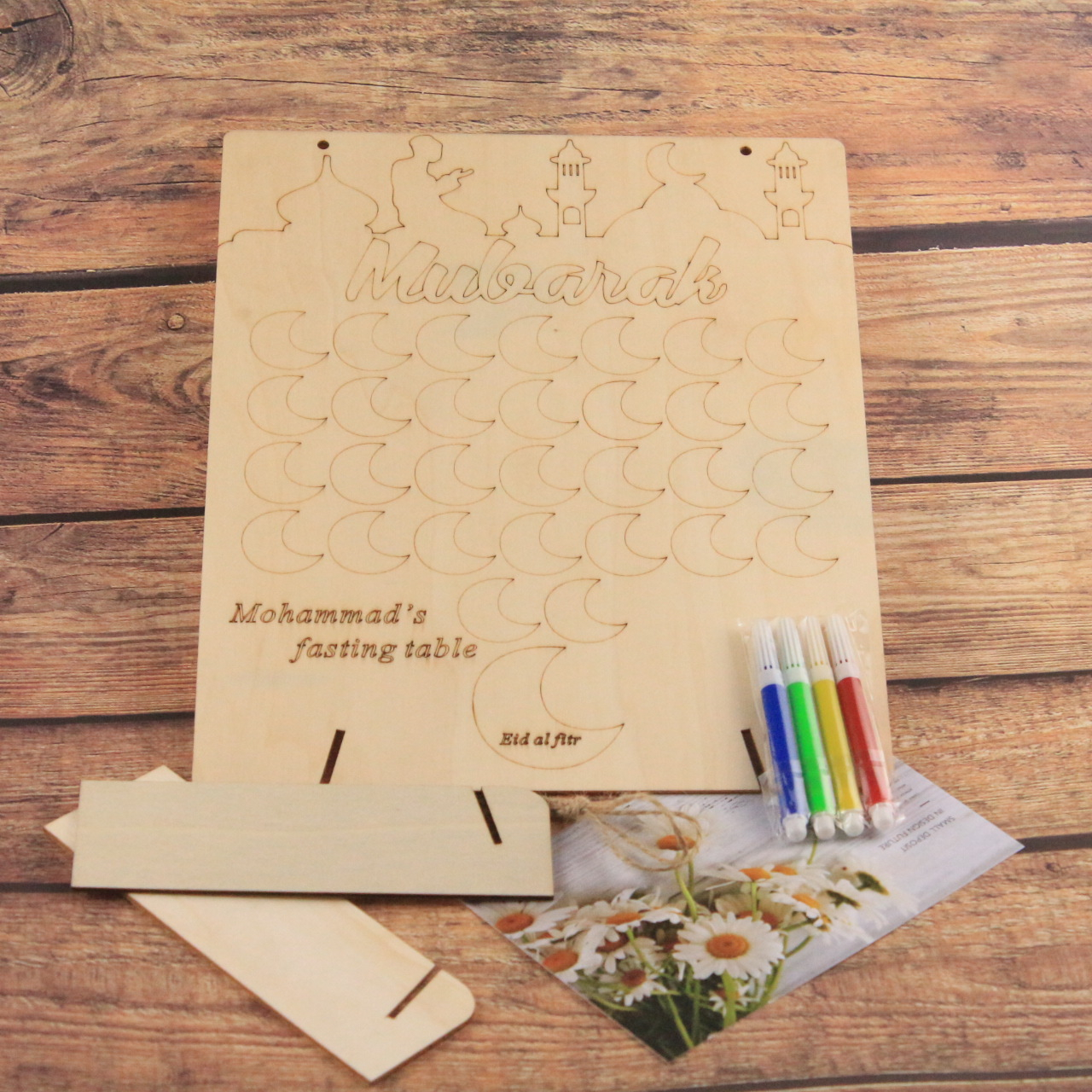 (8-tlg. Set) Echtholz Bastel Kalender DIY Eid Mubarak Deko für Ramadan mit Aufhängeband   Stifte