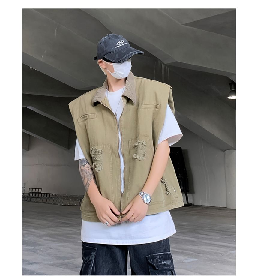 Hushgrain - Vest met rits en effen kraag en versleten denim