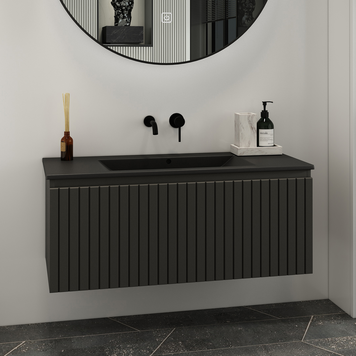 Fontana Lento zwart badmeubel ribbelfront 100cm met zwarte wastafel zonder kraangat en ronde spiegel