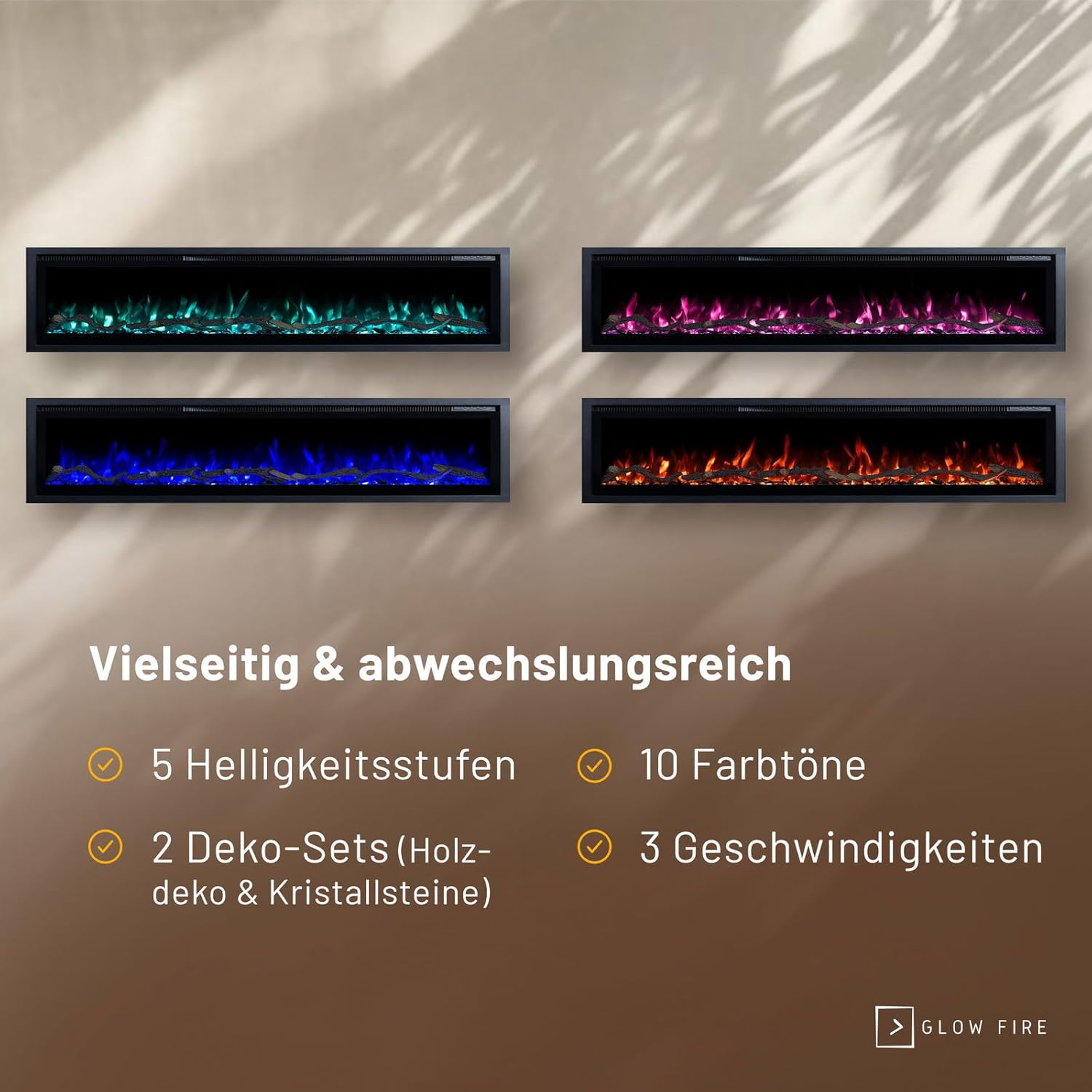 GLOW FIRE Elektrokamin Core 182 mit realistischem 3D LED-Feuer - Wand-Elektrokamin mit Heizung und Kaminfeuer, App Steuerung, Knistereffekt & Timer, max. 1800 W, 182x35x12cm