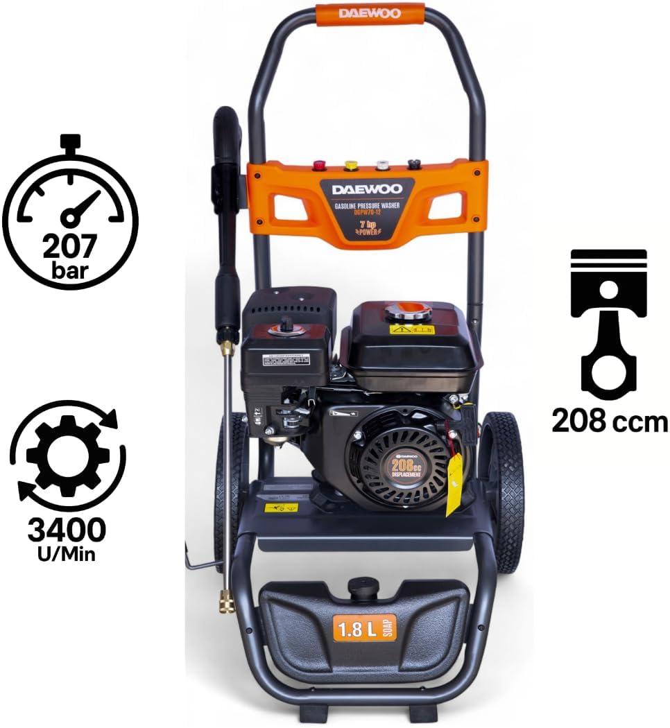 Benzin Hochdruckreiniger 207 bar | 12 m Hochdruckschlauch | 7PS Flächenreiniger mit Messing Pumpenkopf | Steinreiniger Profi Hochdruckreiniger | Gewerbe Industriereiniger