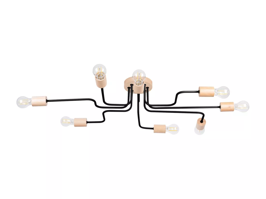 Lustre Timbo grenier en acier/bois - 8 sources lumineuses - L.100 x H.16,5 cm - noir/bois naturel