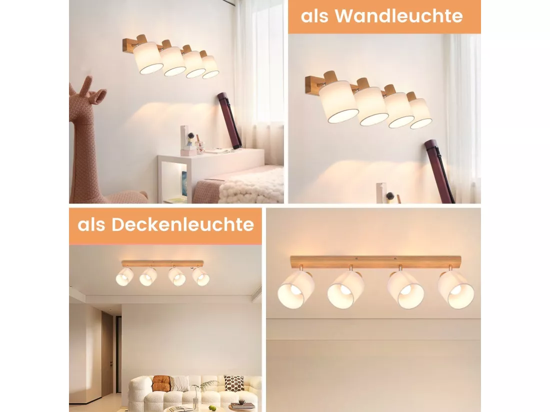 NETTLIFE 4 Spots de plafond salon bois moderne E14 pivotants à 350°MAX.25W lampe écran en tissu pour chambre cuisine couloir (sans ampoule)