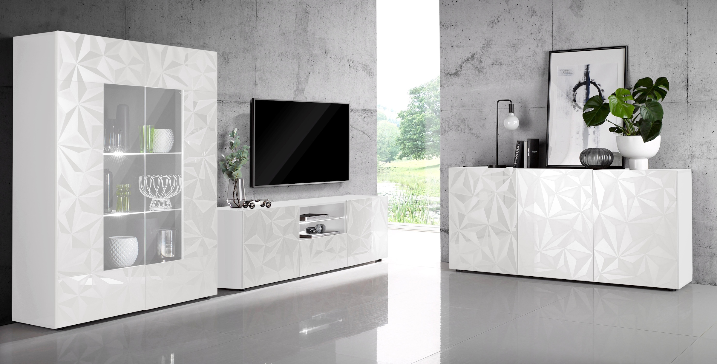 INOSIGN Vitrine »Prisma Höhe 166 cm, Breite 121 cm, Stauraumvitrine mit 2 Türen,« Standvitrine - Front mit elegantem Siebdruck, grifflos, viel Stauraum