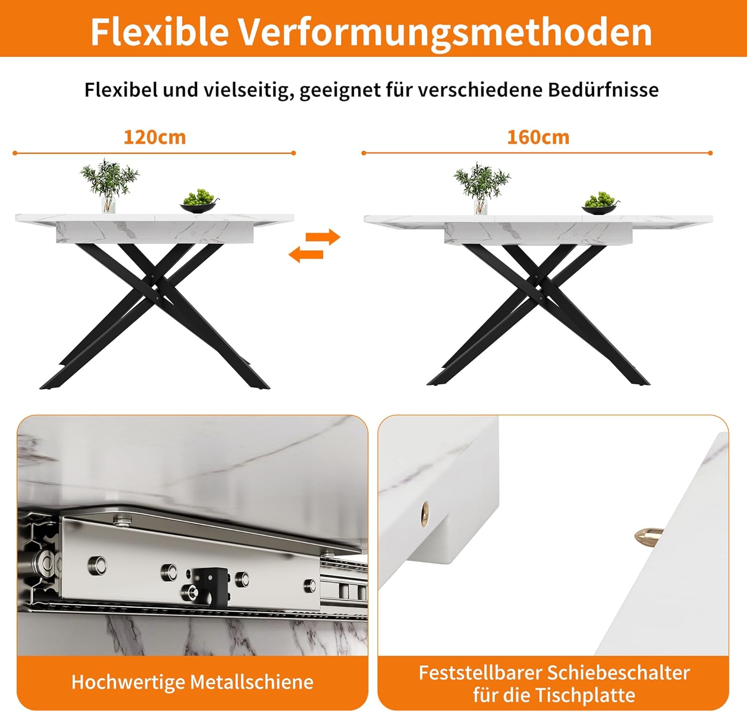 Esstisch Ausziehbar, küchentisch Esszimmertisch, 120-160×80x76.5 cm Rechteckiger Küchentisch, Schwarz Gekreuzte Eisenbeine, Dining Table, Ausziehbar Esstisch für Wohnzimmer, Esszimmer (Weiß)
