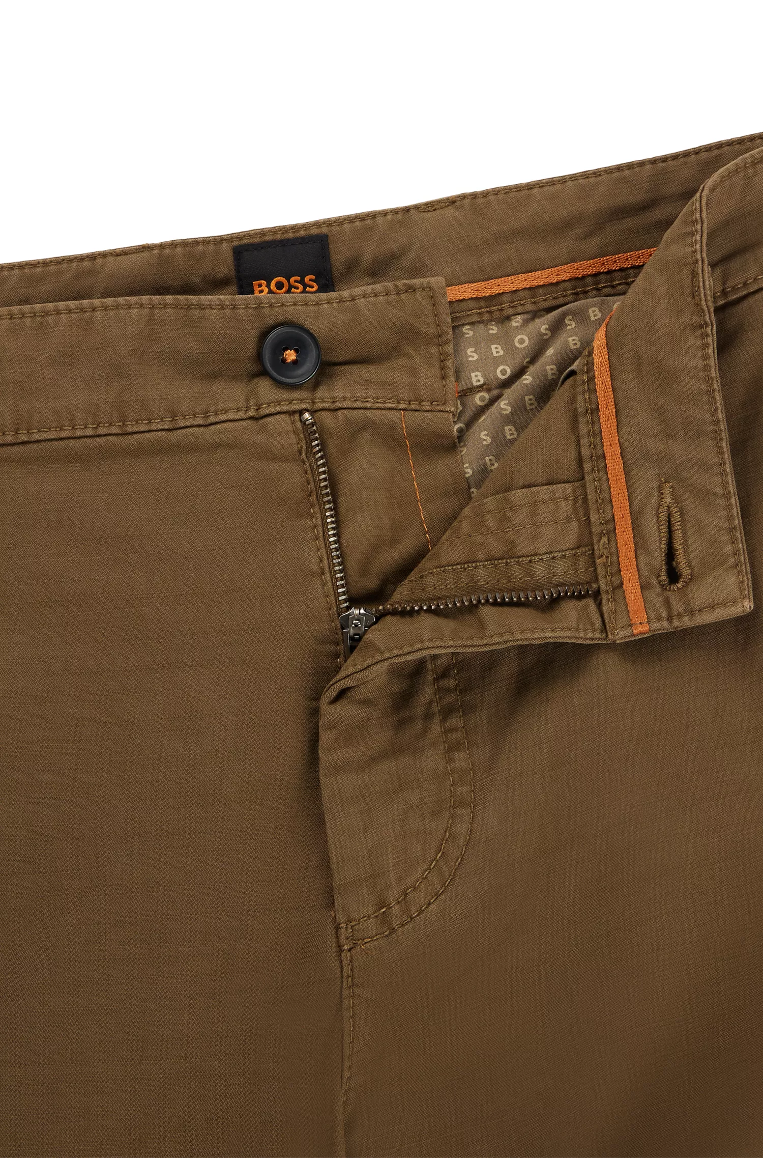 Calça BOSS laranja, corte afunilado, em sarja de algodão elástico.