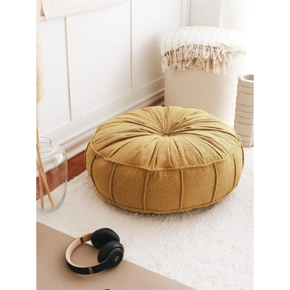 Poef Rond - Teddy Geel - Zitkussen - 60x60x20cm - Vintage