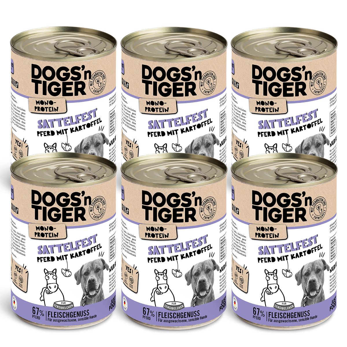 Dogs’n Tiger Adult Hundefutter, Nassfutter, Sattelfest, hypoallergen, Monoprotein, Pferd & Kartoffel