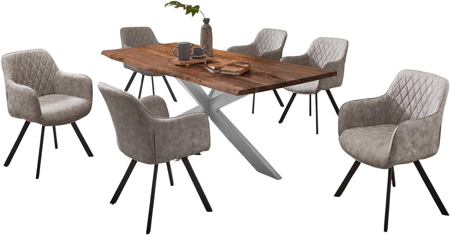 SAM Esstisch 160x85cm Salerno, Akazienholz nussbaumfarben + massiv + lackiert, echte Baumkante, Baumkantentisch, Spider-Metallgestell Silber, Esszimmertisch, Tischplatte 35mm